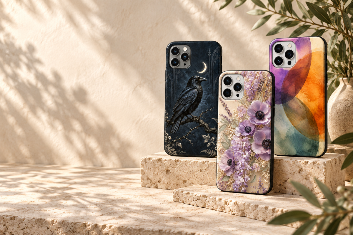 Un aperçu des univers The New Jersey : coques corbeau, fleurs lavande et aquarelle sur travertin.