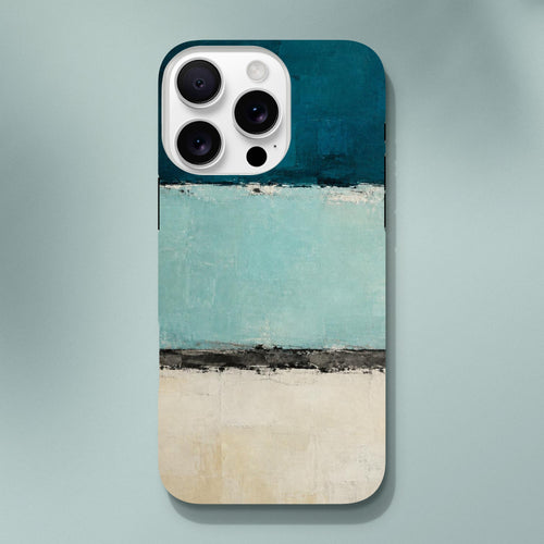 Coque iPhone Bleu canard, bandes peintes bleu pétrole, turquoise clair et crème.