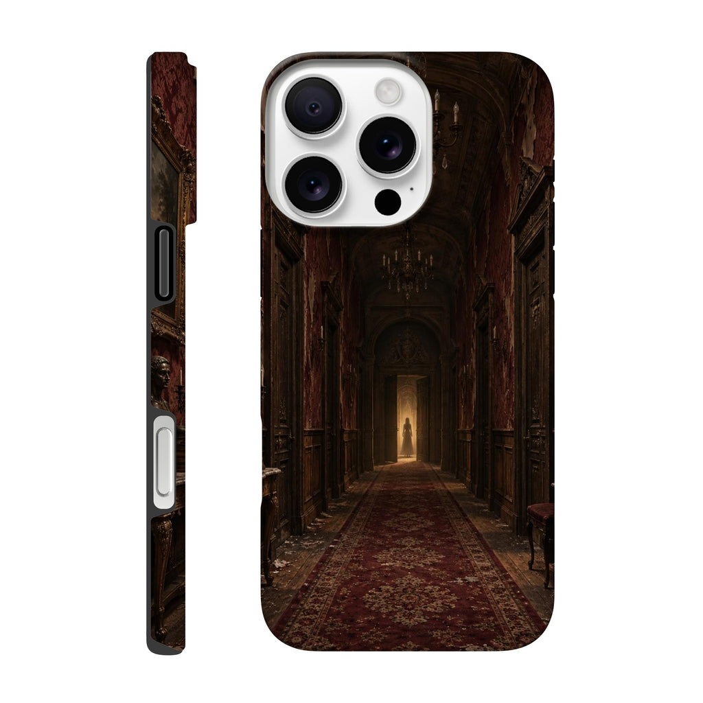 Coque iPhone The Silent Corridor, illustration de lieu hanté à l’atmosphère gothique.
