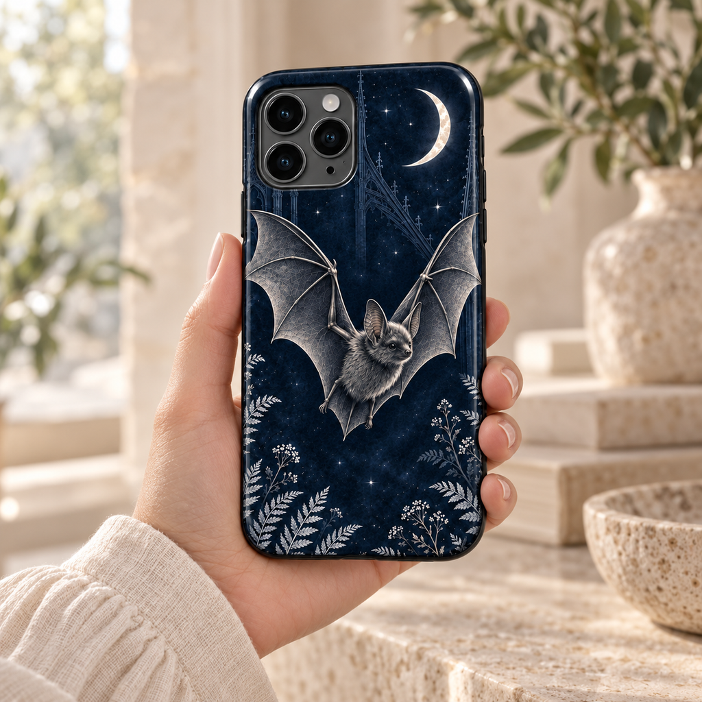 Chauve-souris & Lune — Midnight Blue — coque tenue en main dans un intérieur lumineux