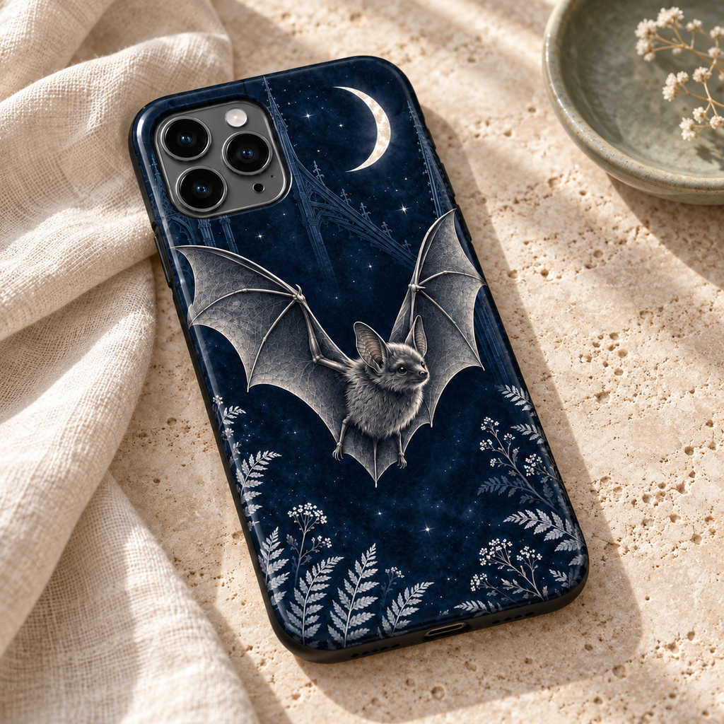 Chauve-souris & Lune — Midnight Blue — coque posée sur pierre et lin