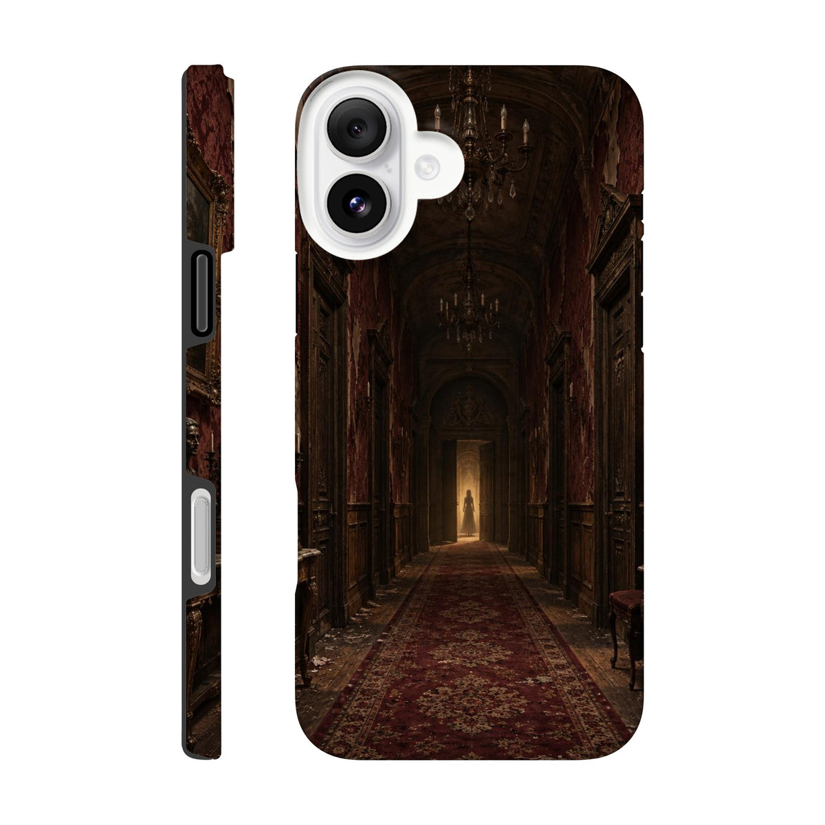 Coque iPhone The Silent Corridor, illustration de lieu hanté à l’atmosphère gothique.