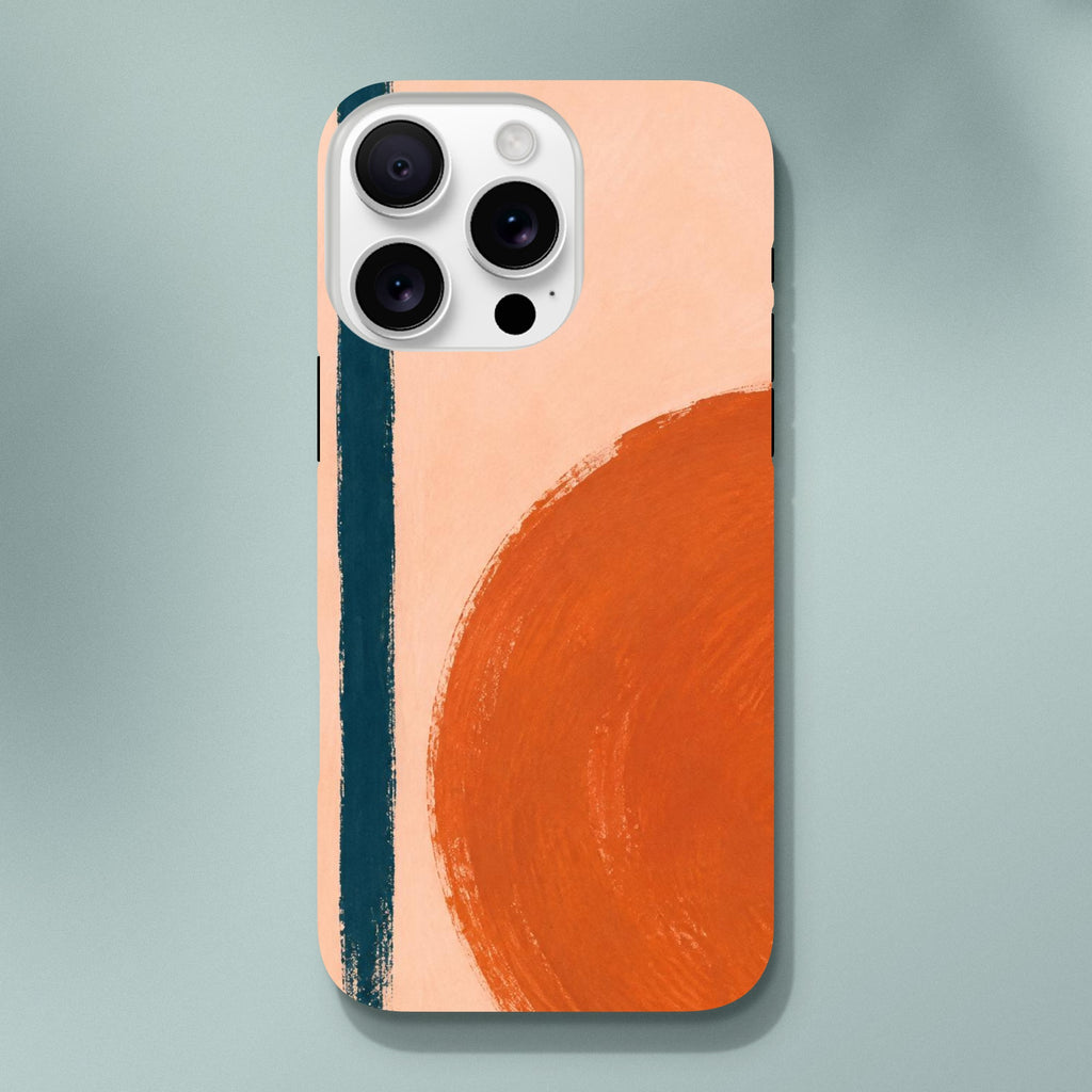 Coque iPhone Géométrie orange, grand cercle orange et trait bleu pétrole sur fond pêche.