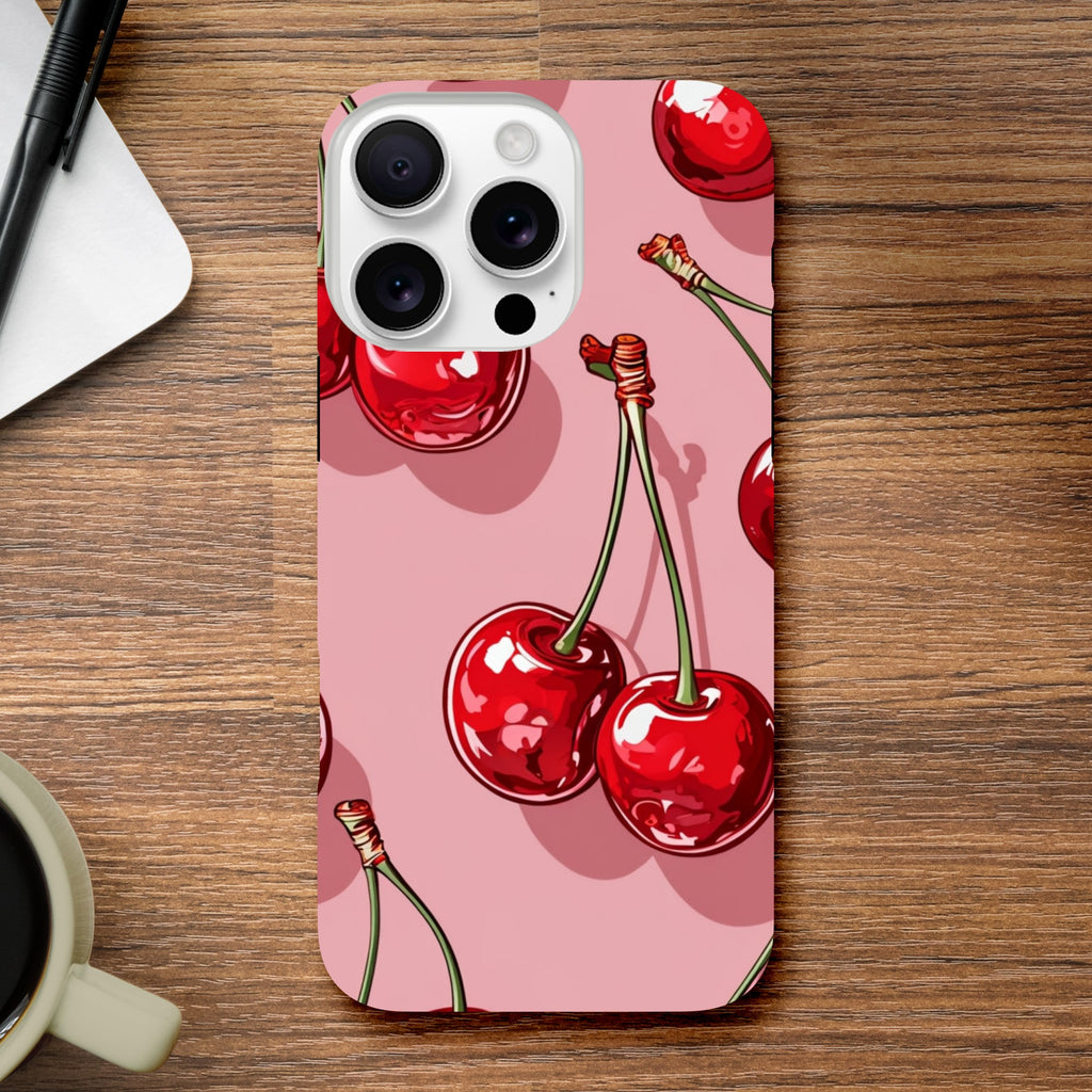 Coque iPhone Cerises Roses, illustration de cerises rouges sur fond rose.