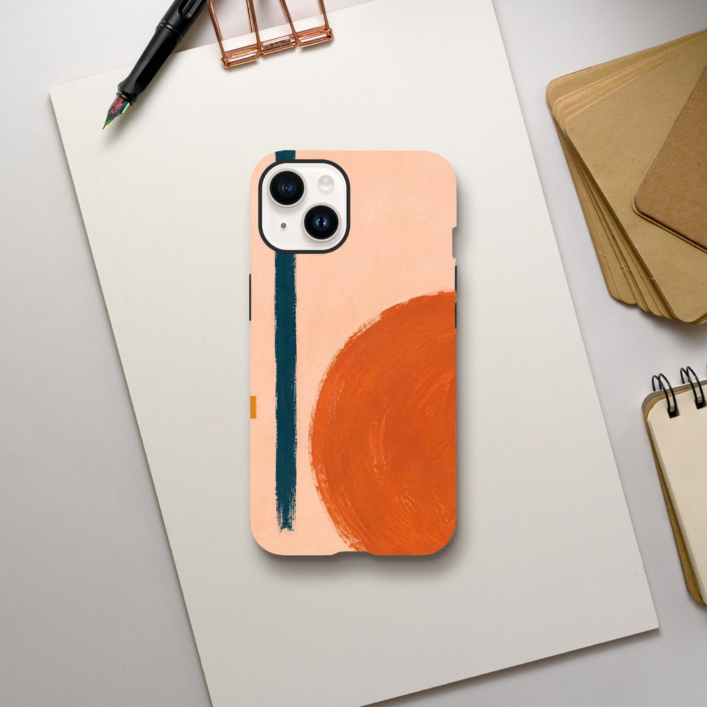 Coque iPhone Géométrie orange, grand cercle orange et trait bleu pétrole sur fond pêche.