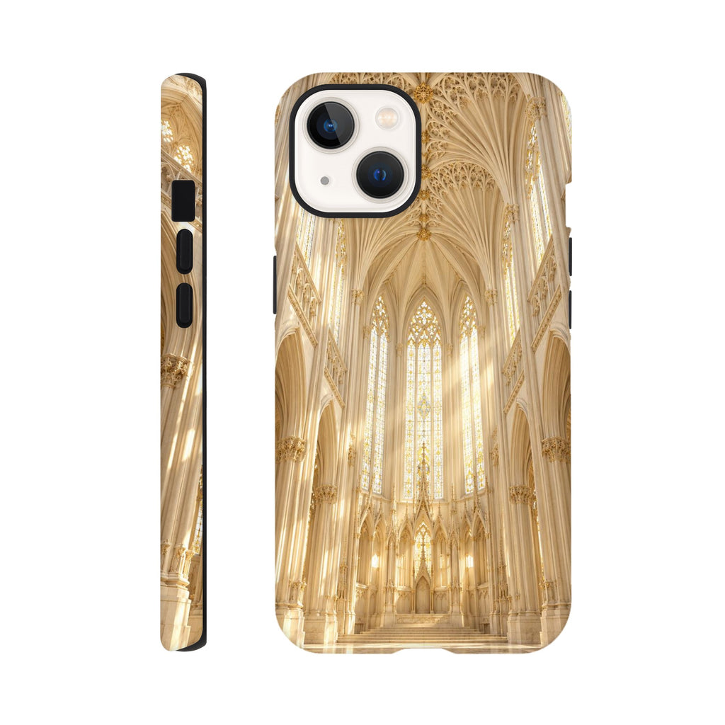 Coque iPhone Crimson Cathedral, illustration d’architecture gothique et de vitraux.
