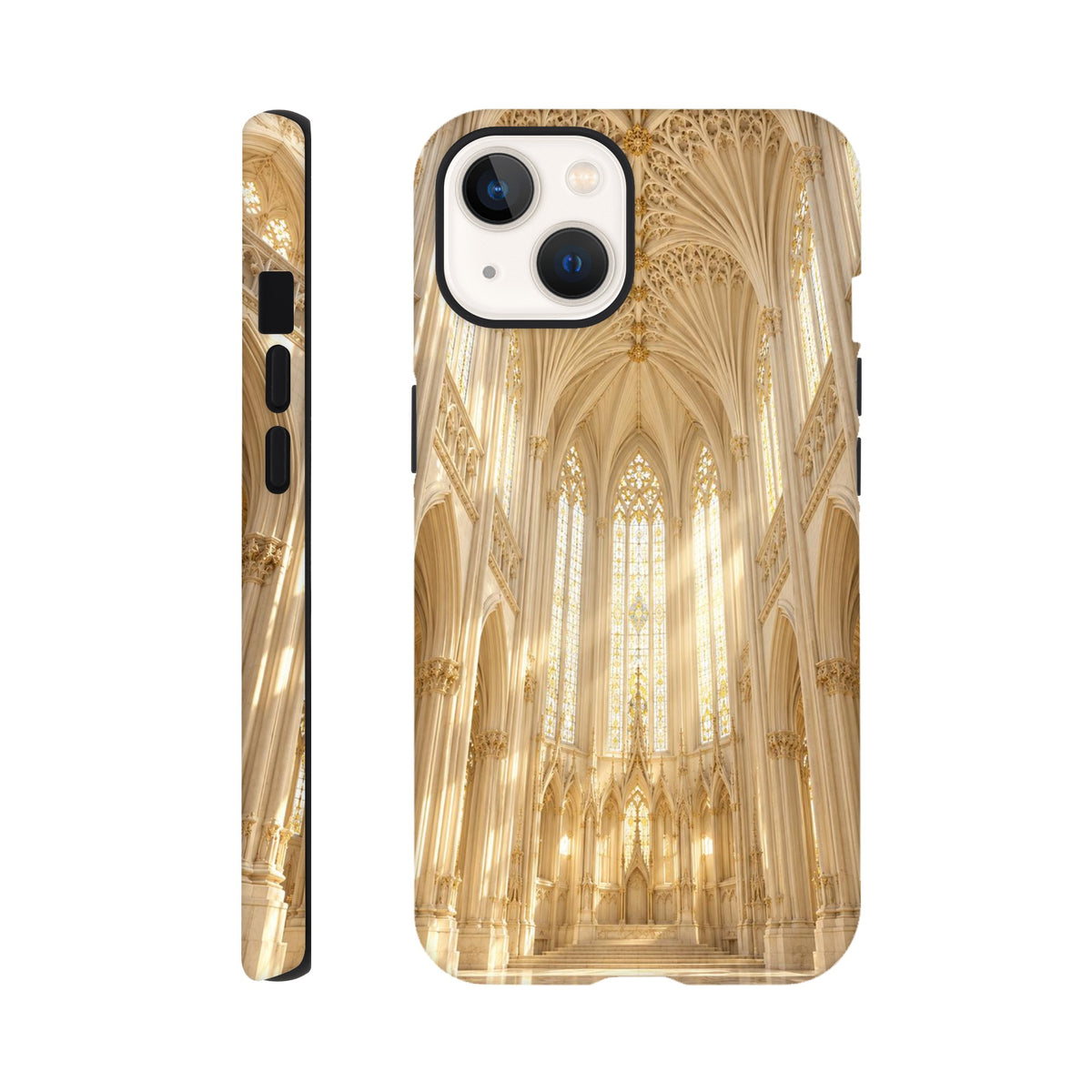 Coque iPhone Crimson Cathedral, illustration d’architecture gothique et de vitraux.