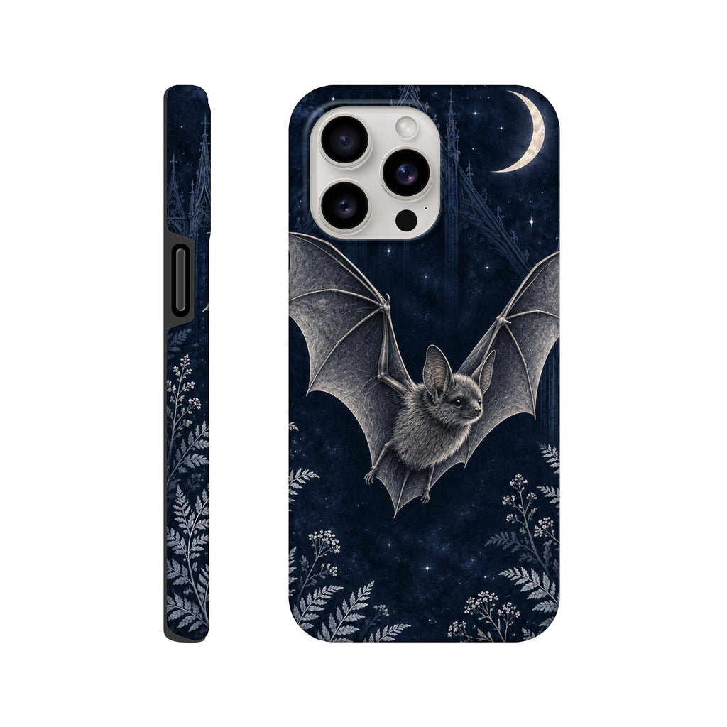 Coque iPhone Chauve-souris & Lune, illustration nocturne avec des ornements botaniques.