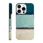 Coque iPhone Bleu canard, bandes peintes bleu pétrole, turquoise clair et crème.