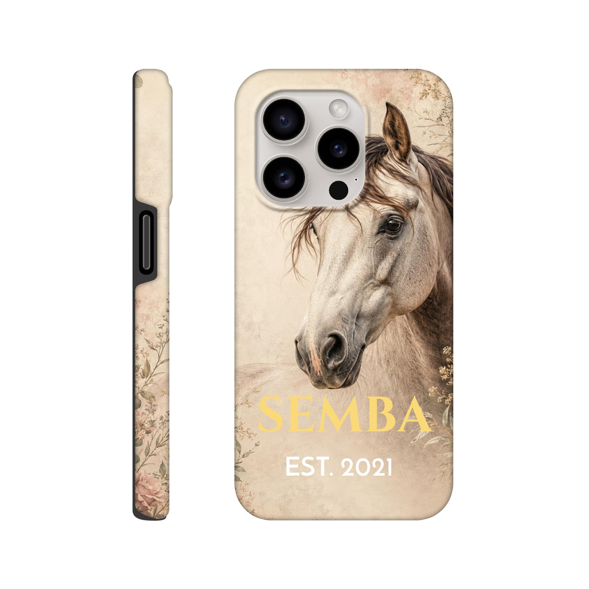 Coque iPhone personnalisée Cheval en fleurs, portrait de cheval gris entouré de fleurs sur fond beige.