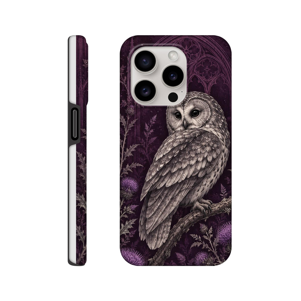 Coque iPhone Hibou & Lune, hibou gris et motif botanique sur fond violet, vues de dos et de profil.