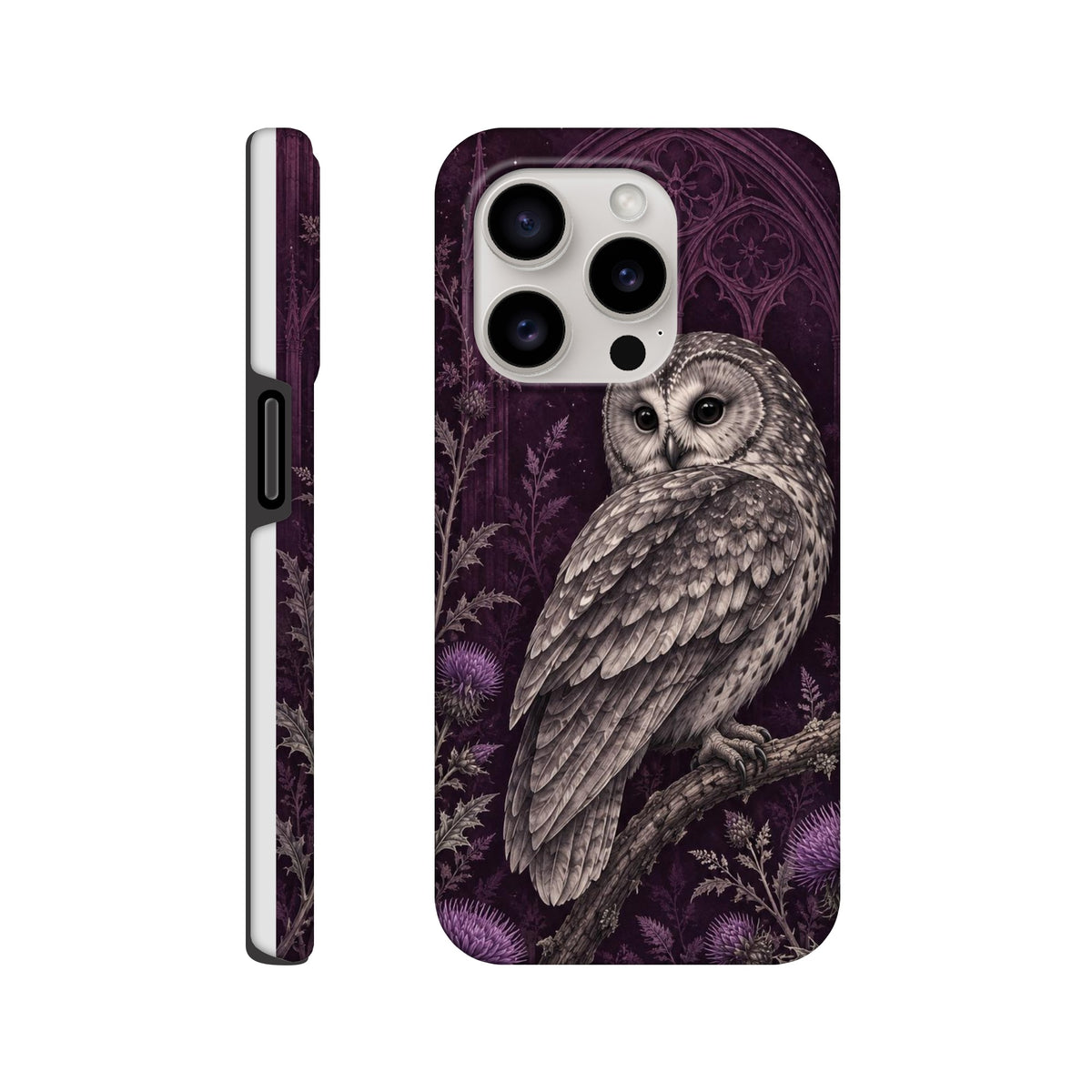 Coque iPhone Hibou & Lune, hibou gris et motif botanique sur fond violet, vues de dos et de profil.