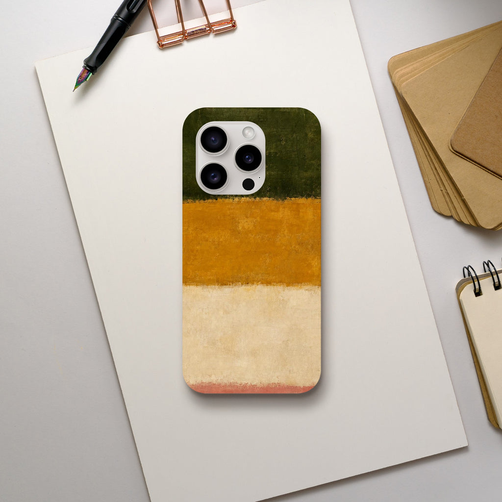 Coque iPhone Vert & Or, bandes peintes vert olive, ocre doré, crème et corail.