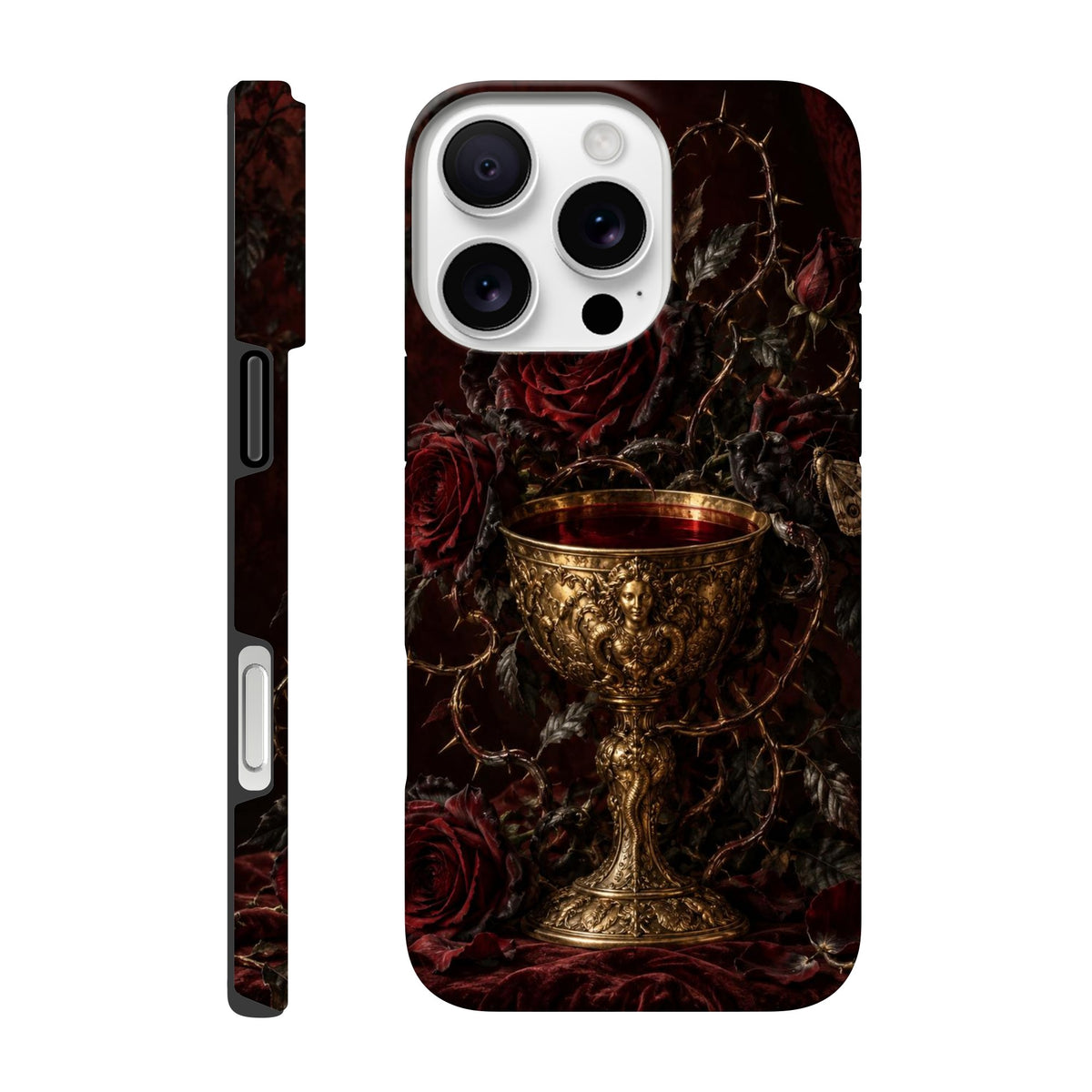 Coque iPhone Crimson Nectar, calice doré entouré de roses bordeaux sur fond sombre.