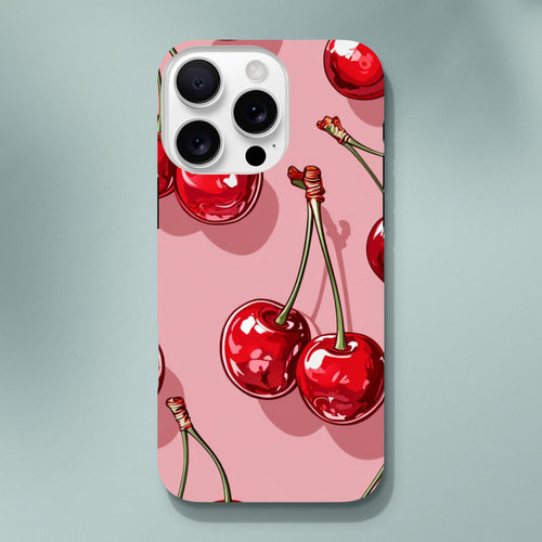 Coque iPhone Cerises Roses, illustration de cerises rouges sur fond rose.