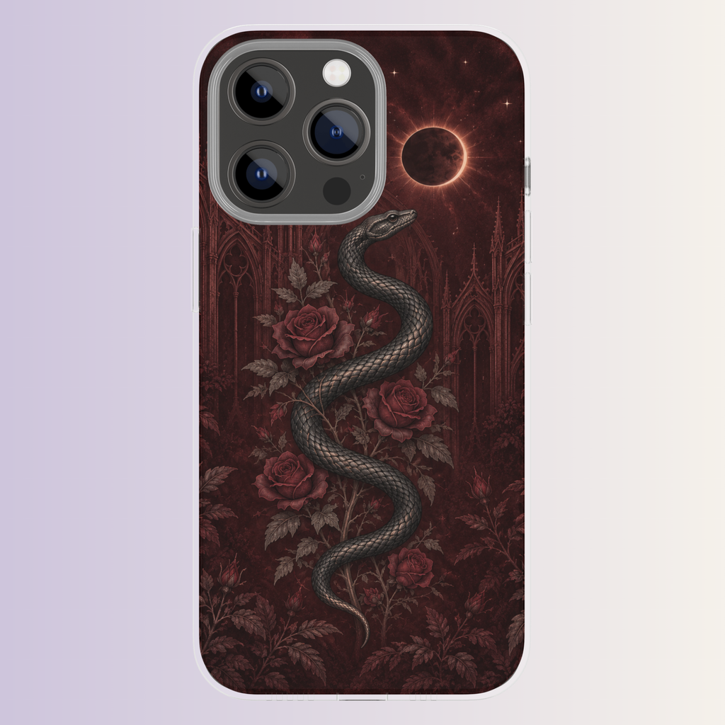 Coque iPhone Serpent botanique, illustration de serpent et motifs floraux d’inspiration gothique.
