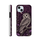 Coque iPhone Hibou & Lune, hibou gris sur fond violet, vues de dos et de profil.