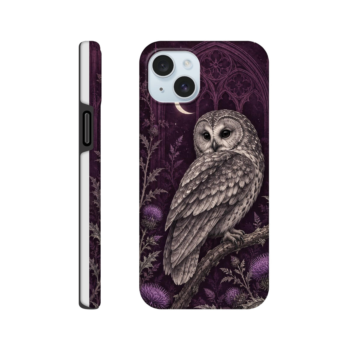Coque iPhone Hibou & Lune, hibou gris sur fond violet, vues de dos et de profil.
