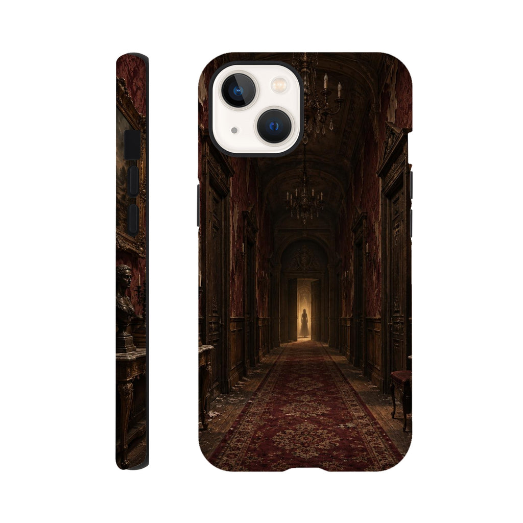 Coque iPhone The Silent Corridor, illustration de lieu hanté à l’atmosphère gothique.