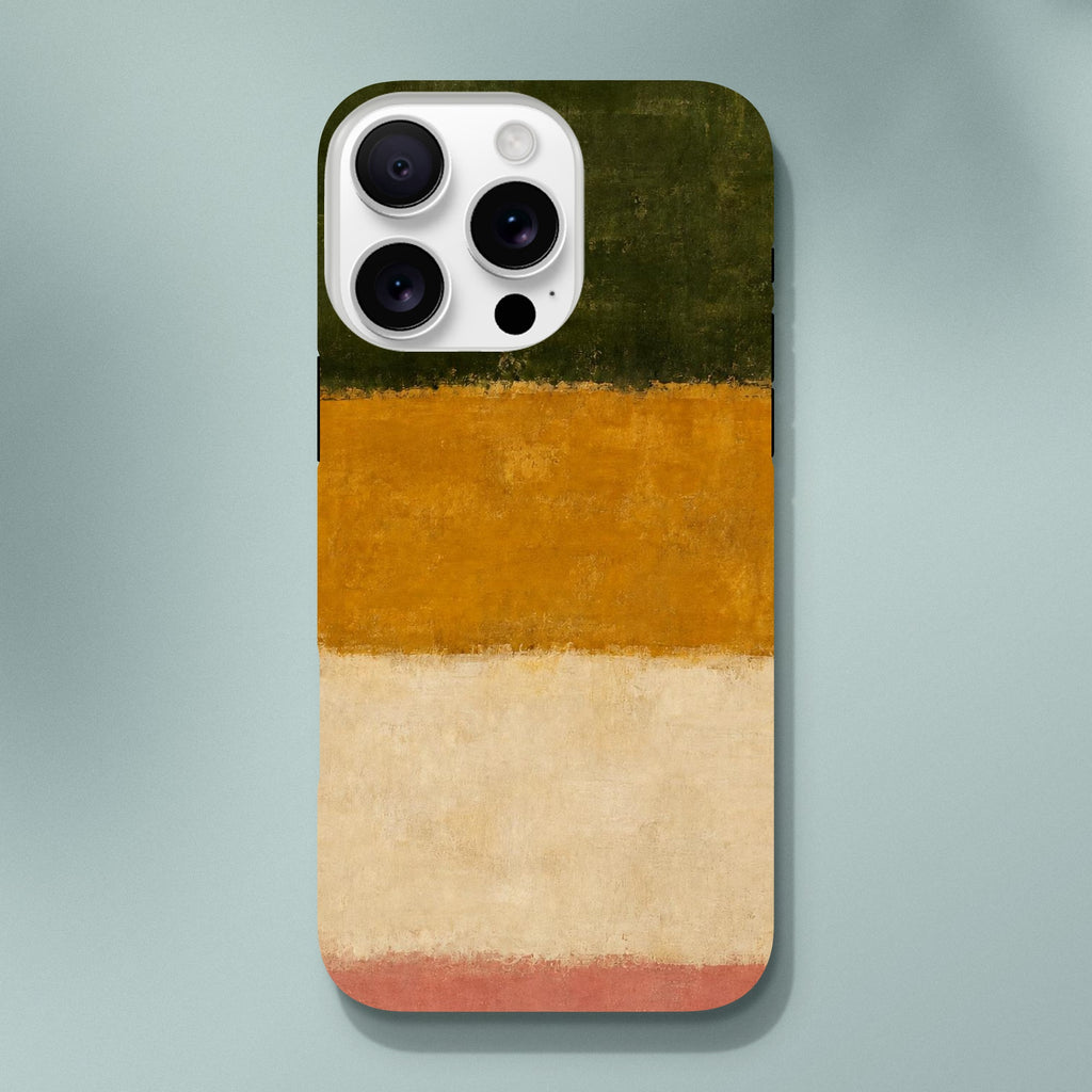 Coque iPhone Vert & Or, bandes peintes vert olive, ocre doré, crème et corail.
