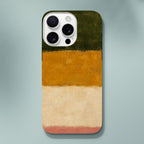 Coque iPhone Vert & Or, bandes peintes vert olive, ocre doré, crème et corail.
