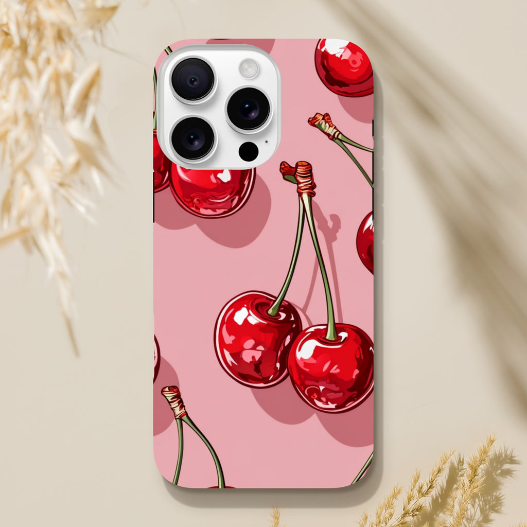 Coque iPhone Cerises Roses, illustration de cerises rouges sur fond rose.