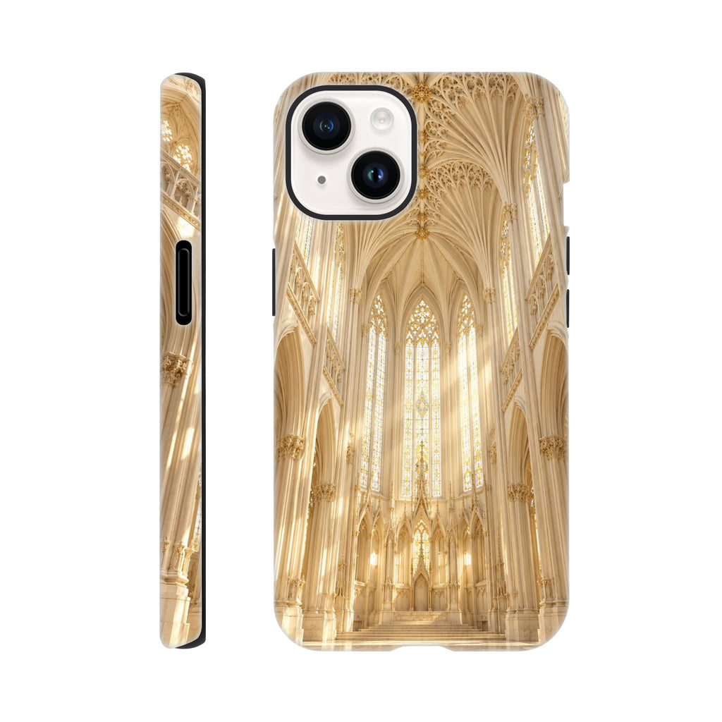 Coque iPhone Crimson Cathedral, illustration d’architecture gothique et de vitraux.