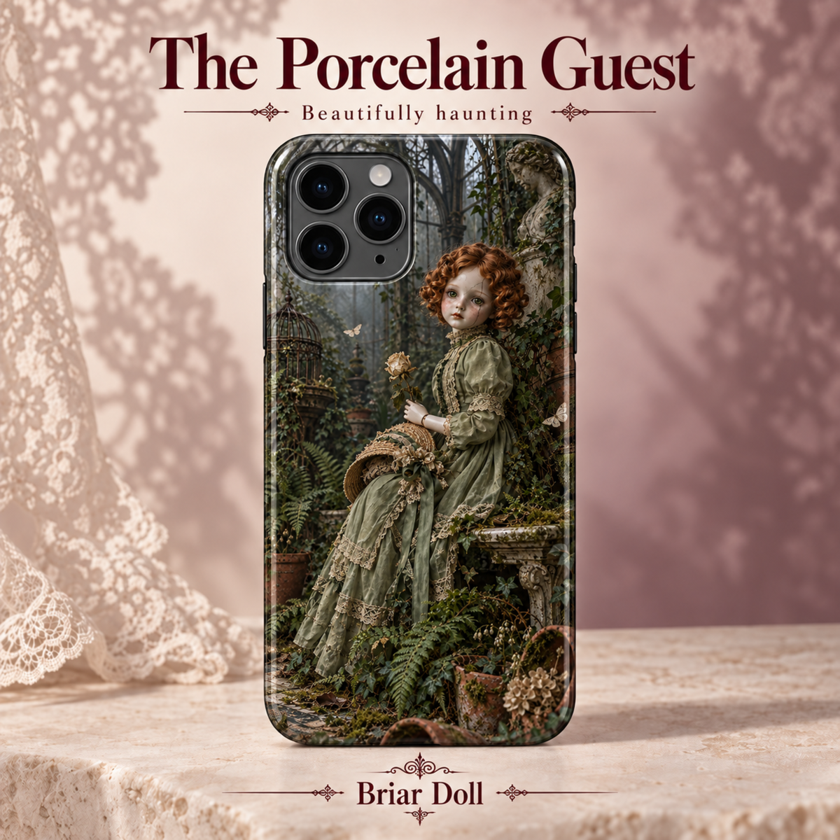 Coque iPhone The Porcelain Guest — Briar Doll, poupée ancienne en robe verte dans un décor végétal.