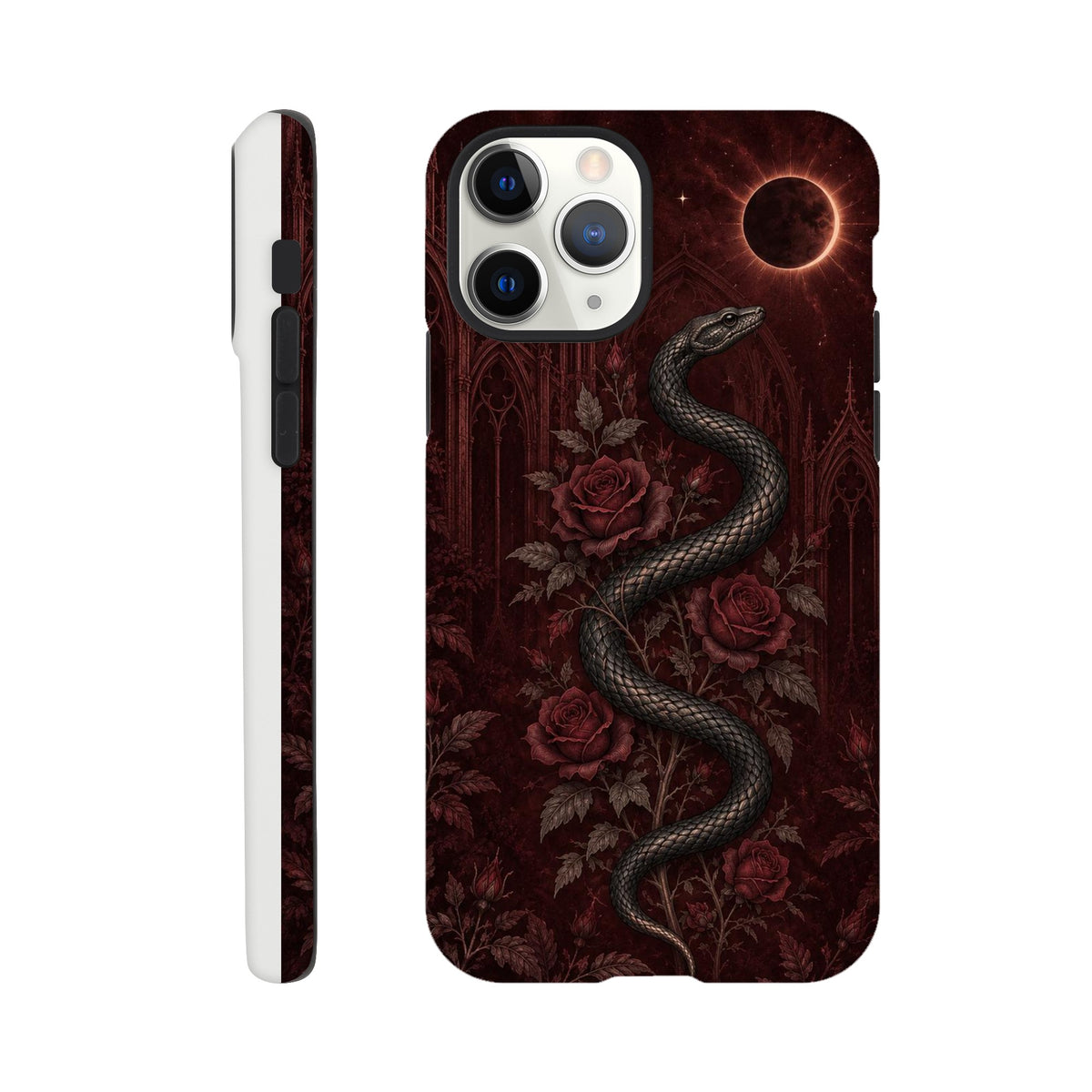 Coque iPhone Serpent botanique, illustration de serpent et motifs floraux d’inspiration gothique.