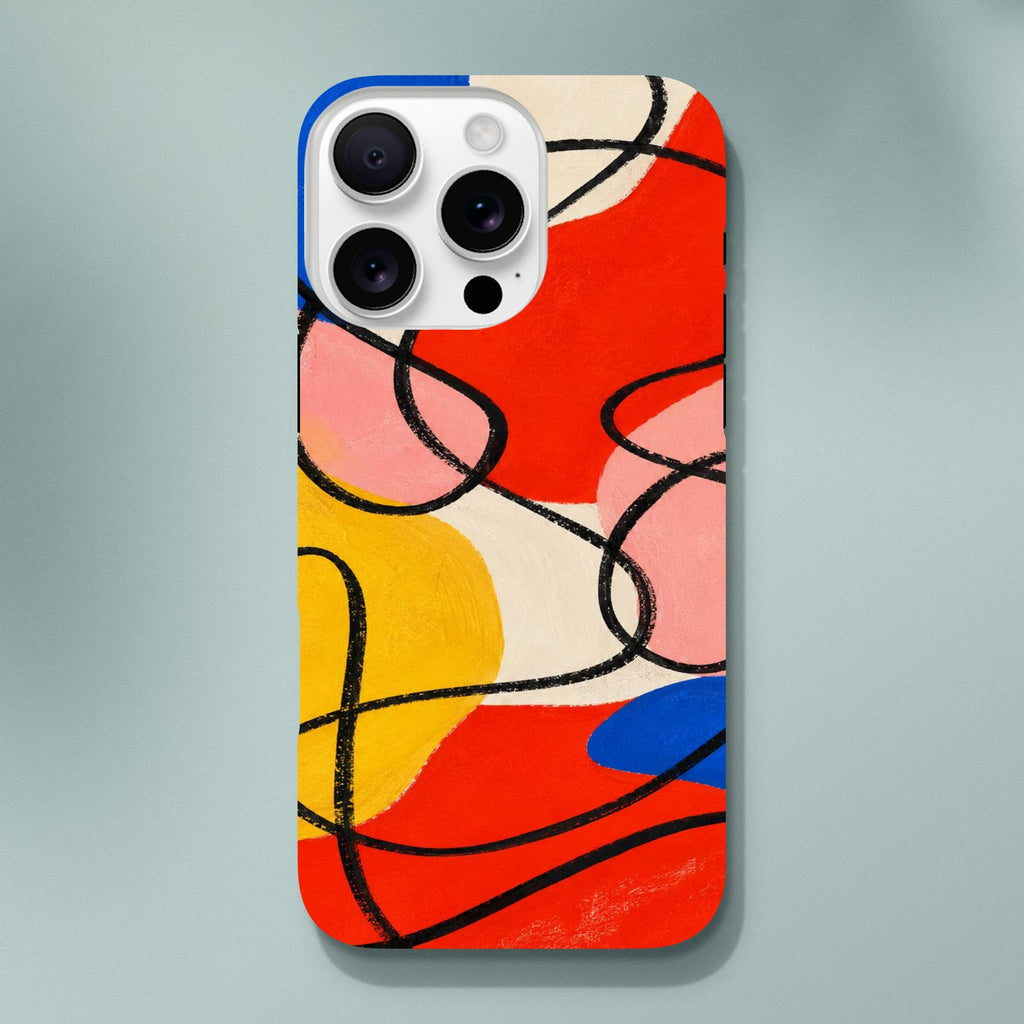 Coque iPhone Éclats géométriques, aplats rouges, jaunes, roses et bleus traversés de lignes noires.