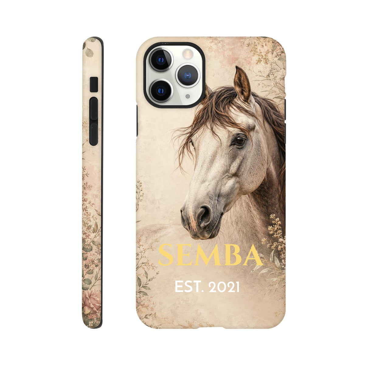 Coque iPhone personnalisée Cheval en fleurs, portrait de cheval gris entouré de fleurs sur fond beige.