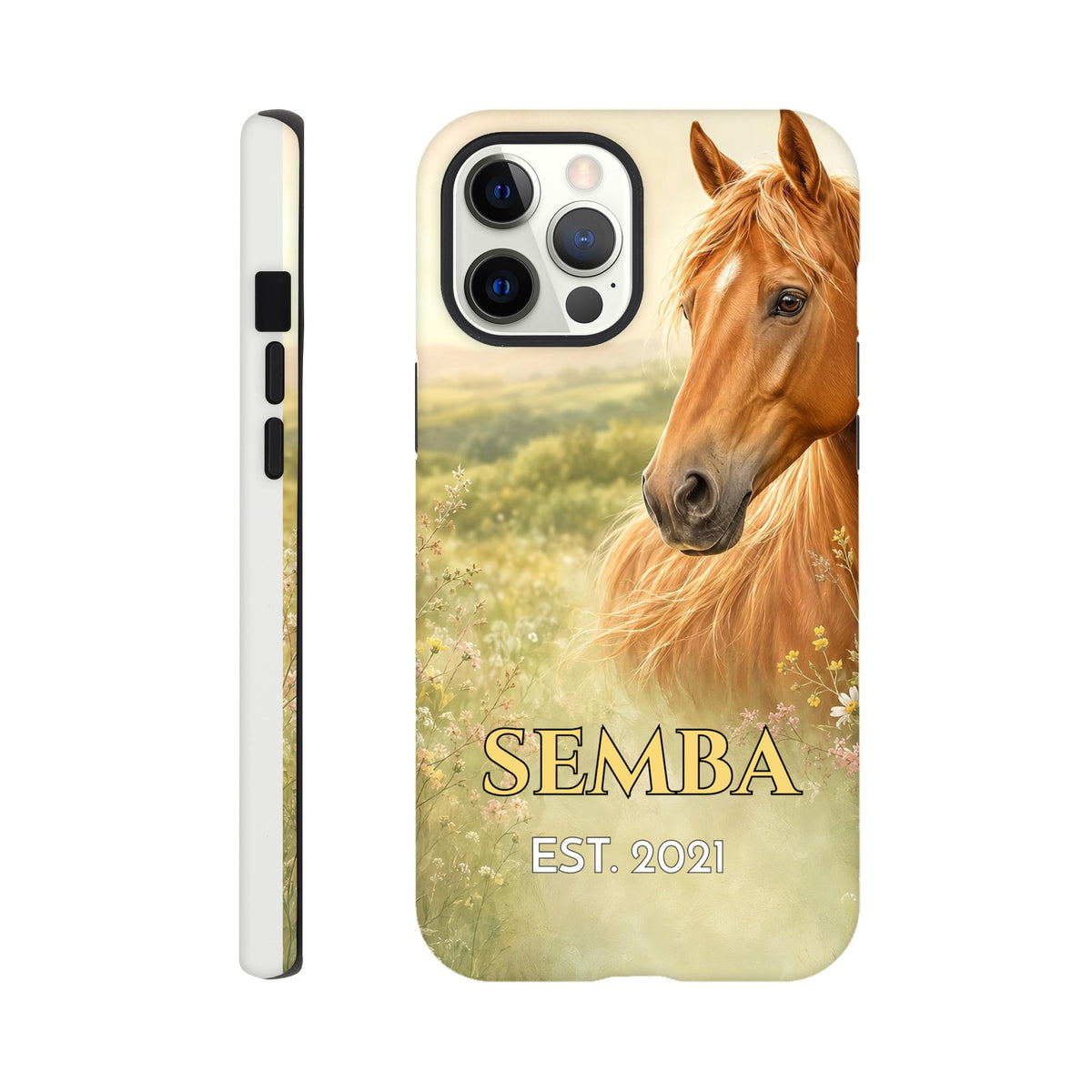 Coque iPhone personnalisée Cheval de printemps, portrait de cheval alezan dans une prairie fleurie.