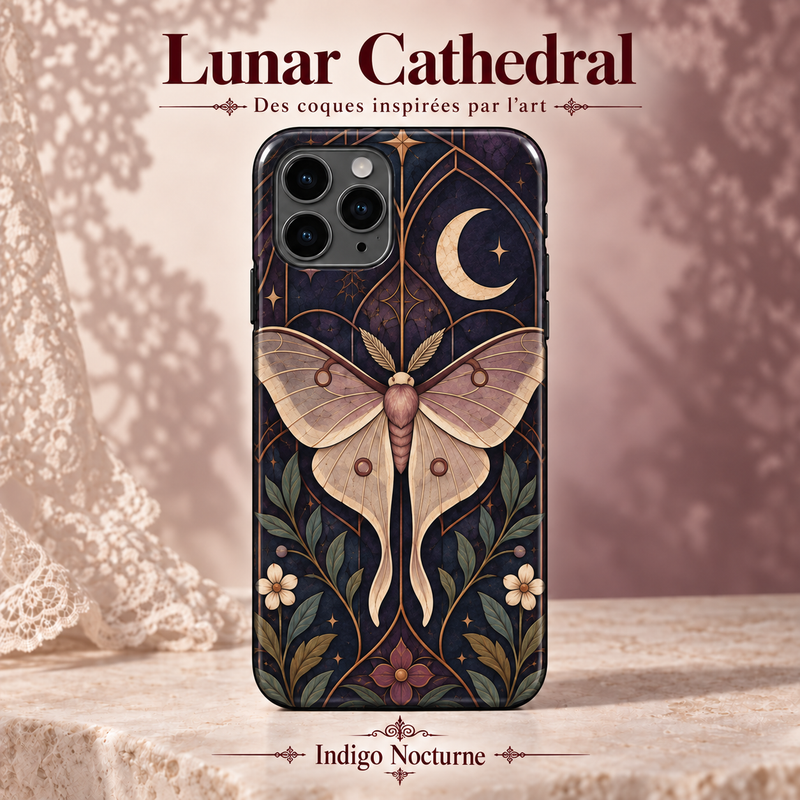 Lunar Cathedral — Indigo Nocturne — coque illustrée sur fond rose poudré et dentelle