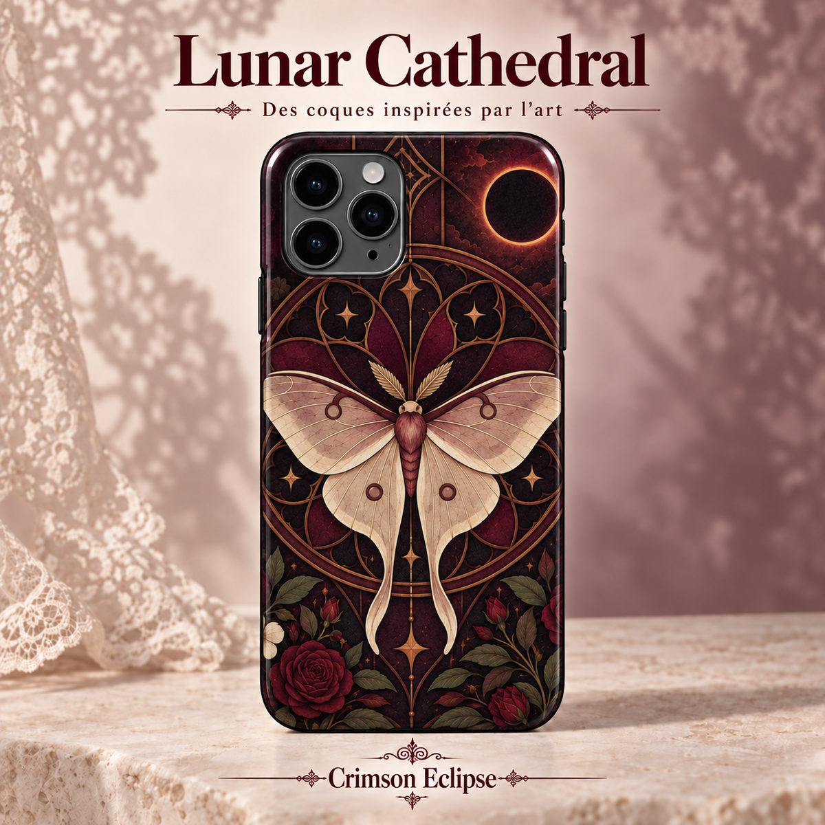 Lunar Cathedral — Crimson Eclipse — coque illustrée sur fond rose poudré et dentelle