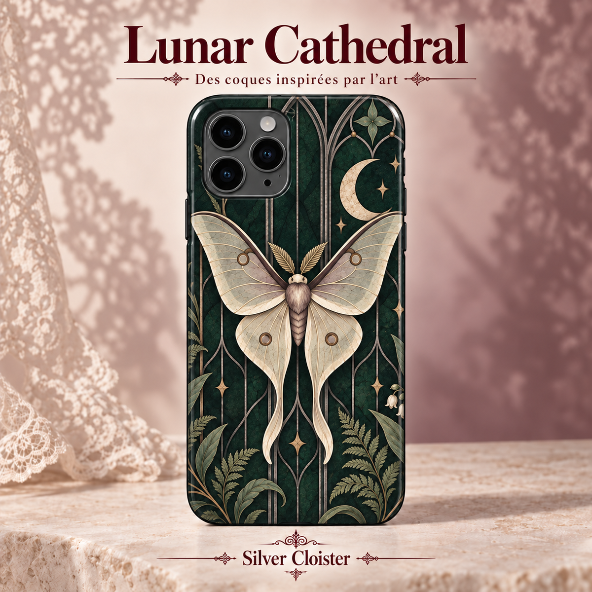 Lunar Cathedral — Silver Cloister — coque illustrée sur fond rose poudré et dentelle