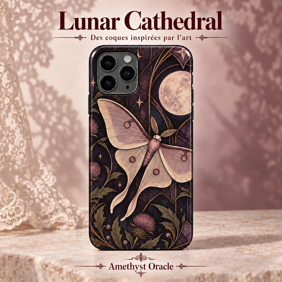 Lunar Cathedral — Amethyst Oracle — coque illustrée sur fond rose poudré et dentelle