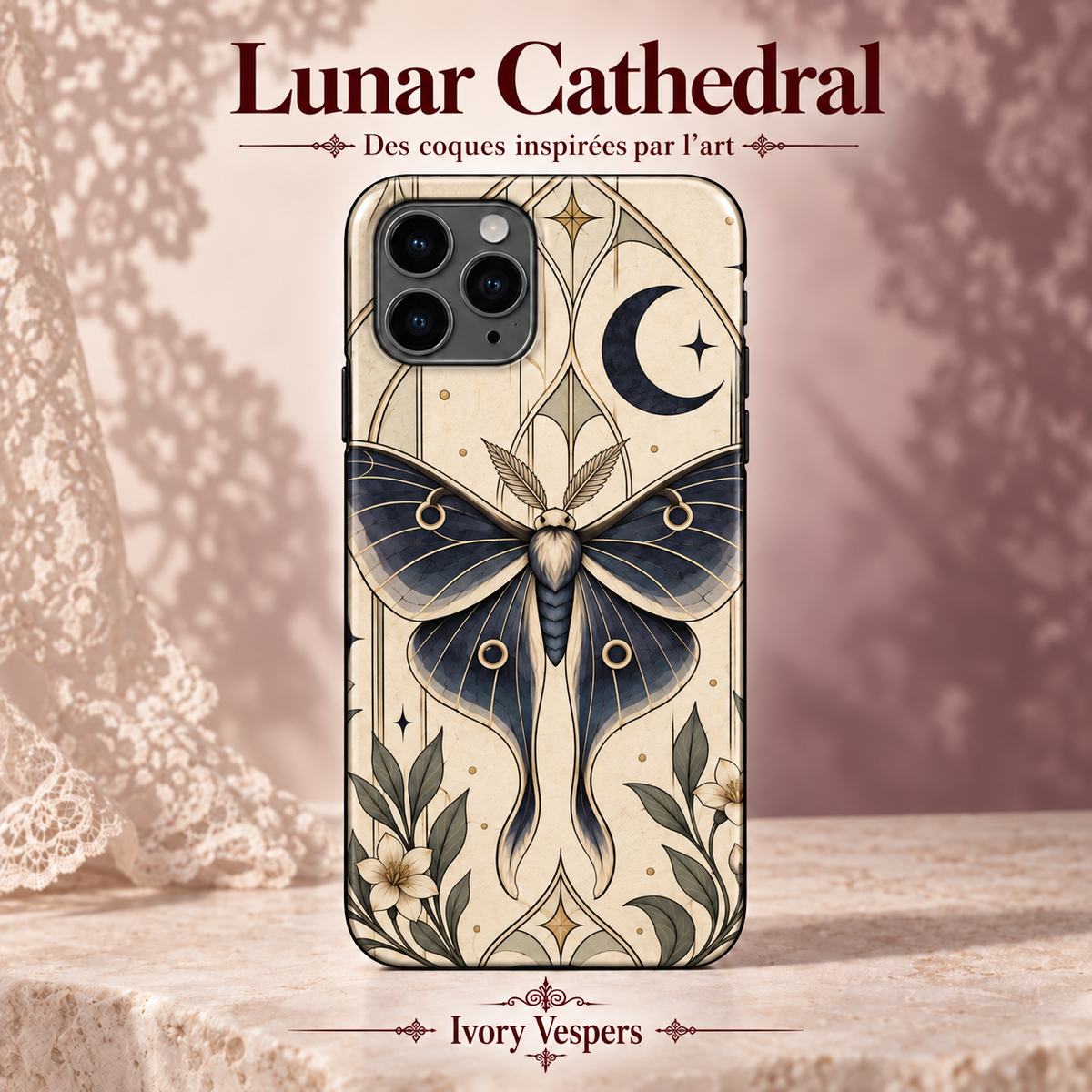 Lunar Cathedral — Ivory Vespers — coque illustrée sur fond rose poudré et dentelle
