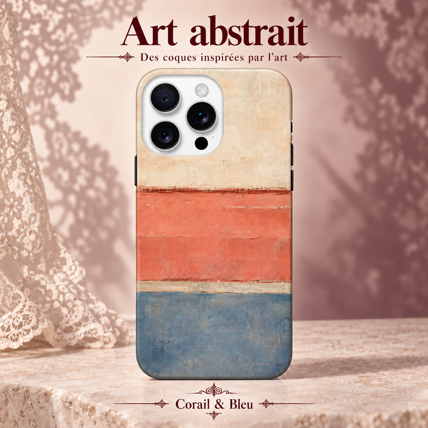 Coque iPhone Corail & Bleu à motif abstrait.