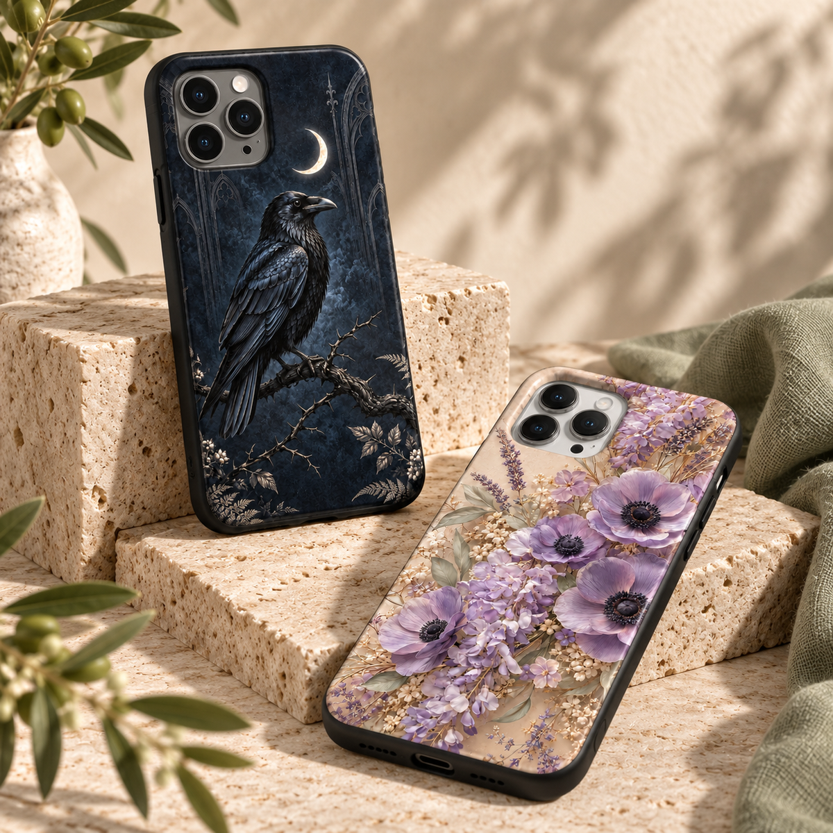 Sélection de coques Corbeau & Lune et Anémones lavande sur des socles en travertin.