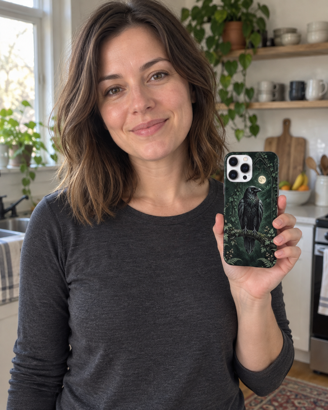 Mise en scène : une femme dans sa cuisine montre une coque Corbeau vert forêt.