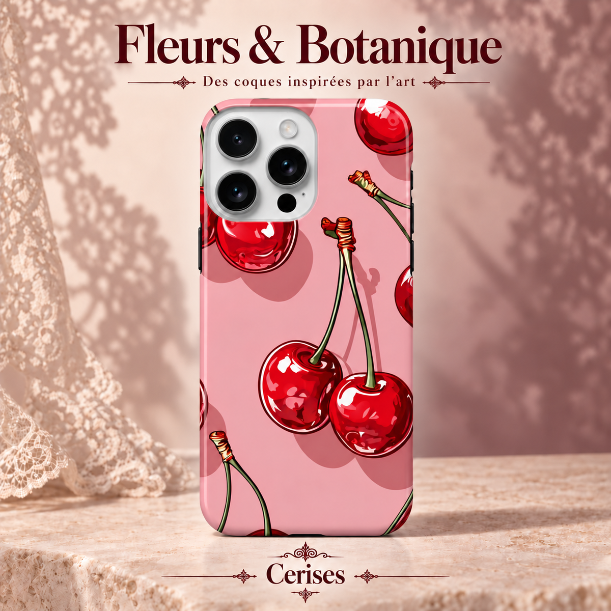 Cerises — coque, famille Fleurs & Botanique, décor rose poudré