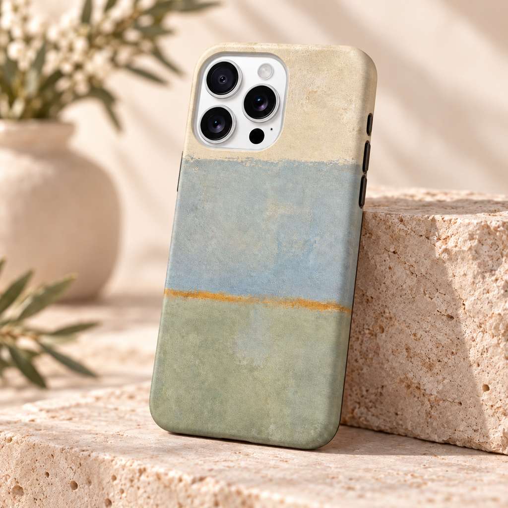 Vue de trois quarts de la coque Bleu & Sauge et de son motif abstrait imprimé.
