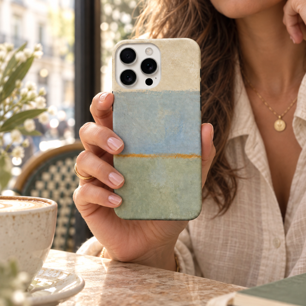 Coque Bleu & Sauge tenue en main dans un café, motif abstrait crème, bleu pastel et vert sauge.