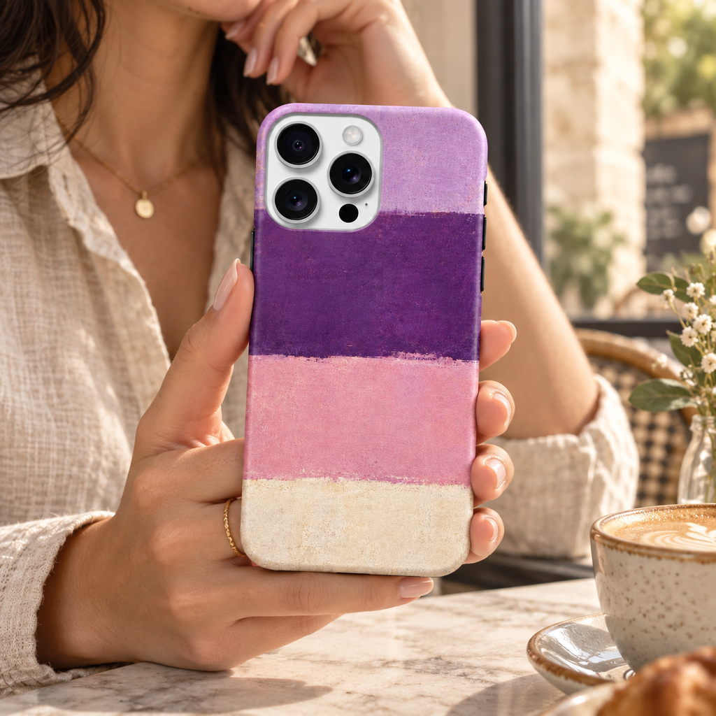 Coque Nuances pastel tenue en main dans un café, avec son motif abstrait imprimé.