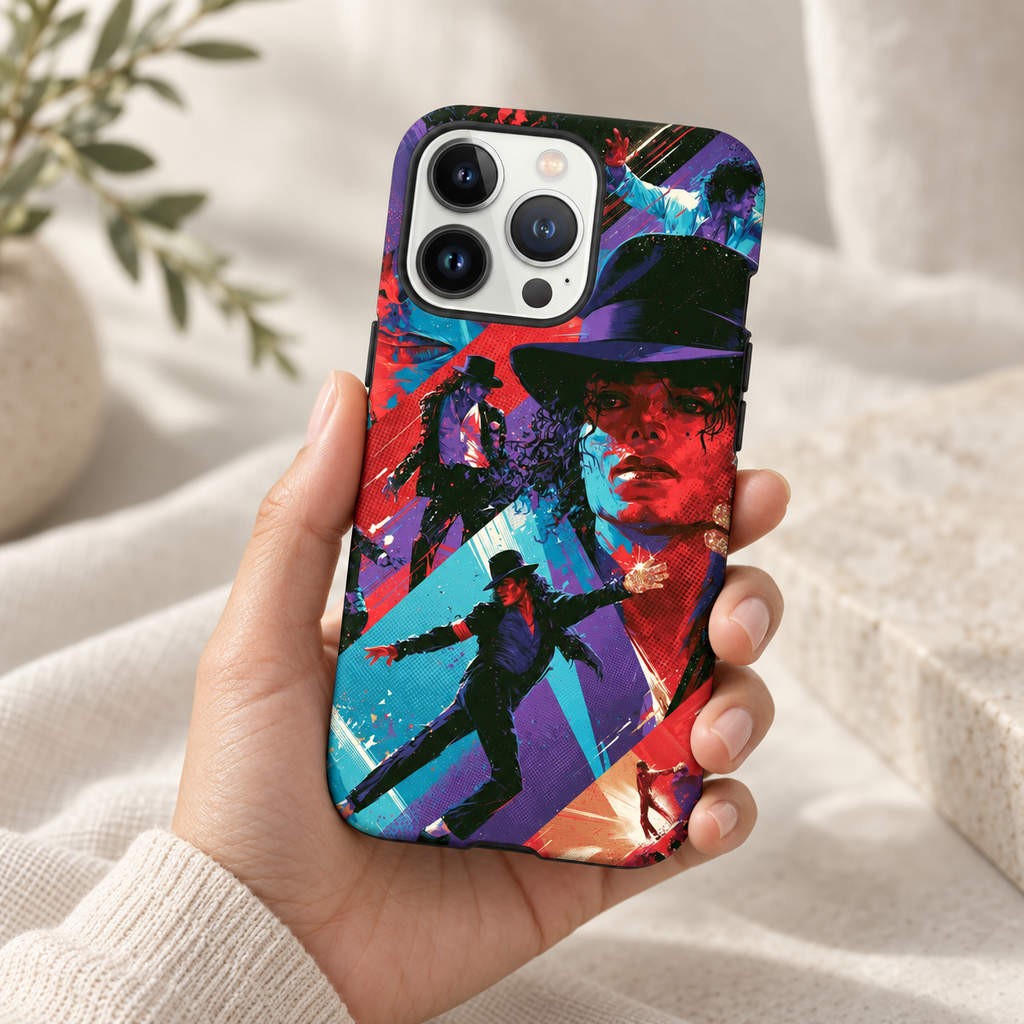 Coque Scène bleue — Collage pop — tenue en main dans un décor crème.