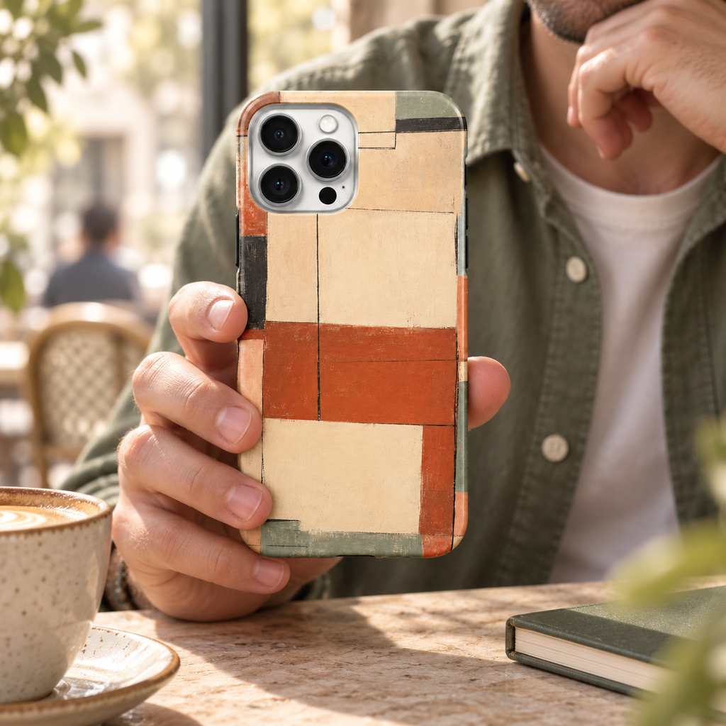 Coque Composition géométrique tenue en main dans un café, avec son motif abstrait imprimé.