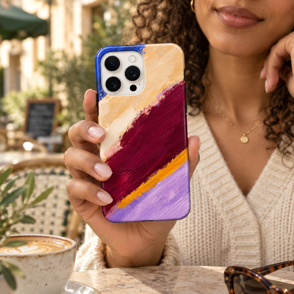 Coque Composition expressive tenue en main dans un café, avec son motif abstrait imprimé.