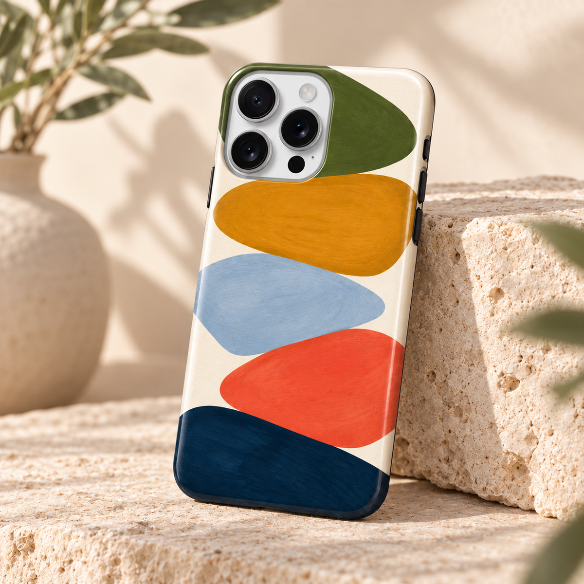 Vue de trois quarts de la coque Géométrie en couleurs et de son motif abstrait imprimé.