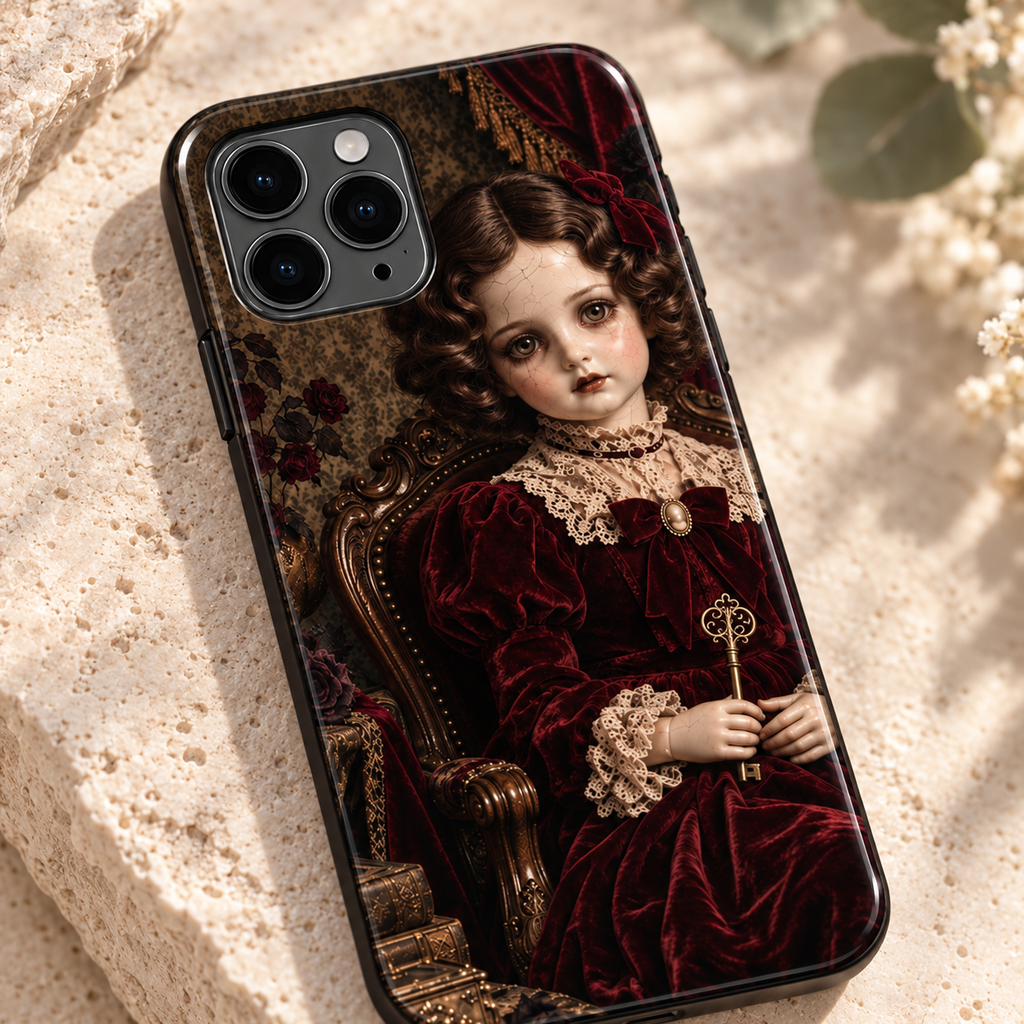 Détail de la coque Velvet Key, illustration de poupée en porcelaine, contour noir et ouverture de caméra.
