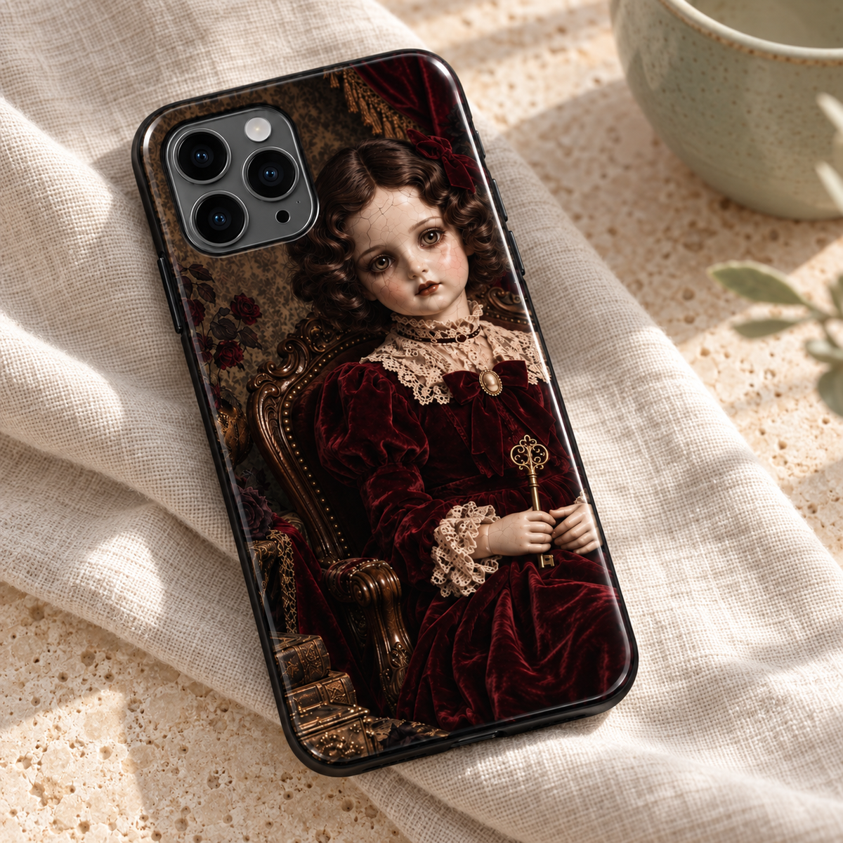 Coque Velvet Key posée en diagonale sur lin crème et pierre claire, illustration de poupée victorienne.